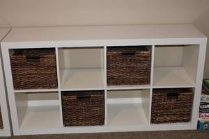 lot A-254 image: White Wooden Shelving Unit with 4 Woven Baskets