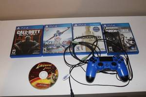 lot E-255 image: Lot of 5 PS4 Games with Blue Controller - Including Call of Duty, Madden, and More