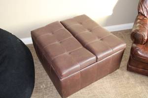 lot A-277 image: Brown Leather Storage Ottoman with Lid