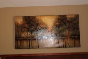 lot 283 image: Large Framed Abstract Landscape Artwork with Trees