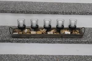 lot 305 image: Rustic Wooden Candle Holder Centerpiece with 5 Glass Votives