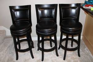 lot A-330 image: Set of 3 Black Upholstered Counter Height Stools with Gold Stud Accents