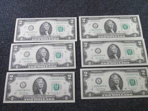 lot 445 image: 6 Sequential, Uncirculated $2 Bills...