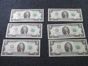 lot 446 image: 6 Sequential, Uncirculated $2 Bills...