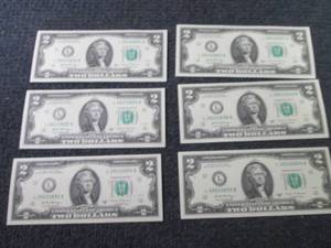 lot 448 image: 6 Sequential, Uncirculated $2 Bills...