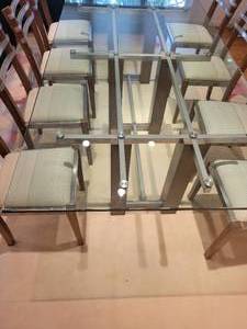 lot 2 image: Michael Heltzer Dining Table with 8 Chairs. Contemporary Glass & Steel Set.