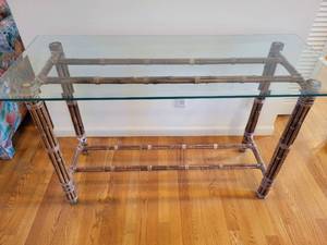 lot 16 image: A BambooRattan and Glass Top Mid Century ConsoleSofa Table by McGuire.