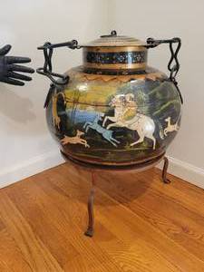lot 26 image: A large vintage colorful hand painted Anglo Indian Covered Metal Jar on Stand.
