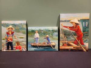 lot 84 image: 3 Oil Paintings Life on the Mekong River by Betty A. Wiens.