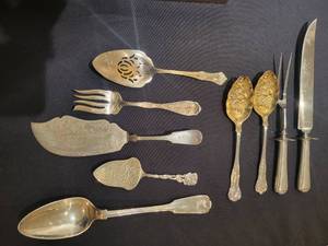 lot 119 image: Vintage Flatware Serving Pieces. Including Sterling Handled Carving Set and gold plated Salad Set.