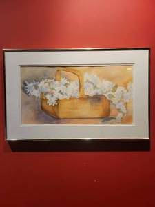 lot 135 image: A Watercolor Painting of a Basket Of Flowers by Betty A. Wiens.