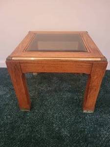 lot 154 image: Oak and Brass Side Table with Smoked Glass.