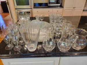 lot 158 image: A large lot of Glass Barware, Vases and Serving Pieces.