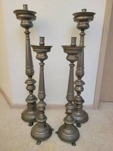lot 31 image: A set of four 19th century Cathedral Pewter Candlesticks by Giovanni Romanini  supplier to the Popes.