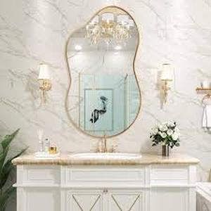 lot 28 image: Hochwertiges 36 in. W. x 24 in. H Irregular Gold Aluminum Alloy Framed Wall Mirror Asymmetrical Mirror for Living Room, Bathroom Customer Returns See Pictures