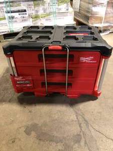 lot 44 image: Milwaukee PACKOUT 22 in. Modular 3-Drawer Tool Box with Metal Reinforced Corners Customer Returns See Pictures
