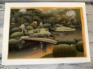 Vintage Japanese Garden Woodblock Print Measuring 16 x 11