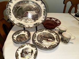 Johnson Bros The Friendly Village Dinnerware for 4 including 4 Dinner plates, 4 Bowls, 4 Salad Plates, 2 Mugs, and a Platter