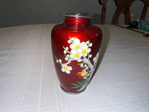 Vintgage Mid-20th Century Japanese Cloisonne Red Floral Enamel Vase