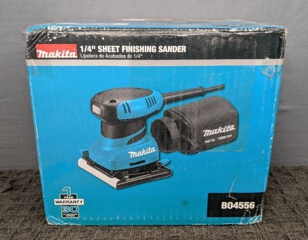 lot 23H image: Brand New Makita 2 Amp Corded 14 Sheet Finishing Sander with 60G Paper, 100G Paper, 150G Paper, Dust Bag and Punch Plate $79 Retail O