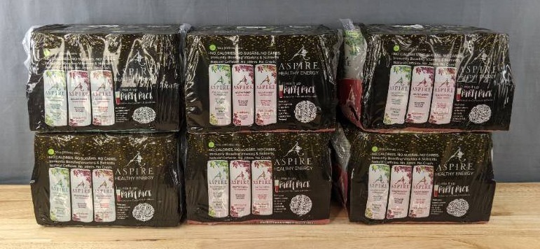 lot 20H image: 6 Brand New Cases of 12 Aspire Healthy Energy Drinks 12 oz Variety Pack 48 Total $230.70 Retail N
