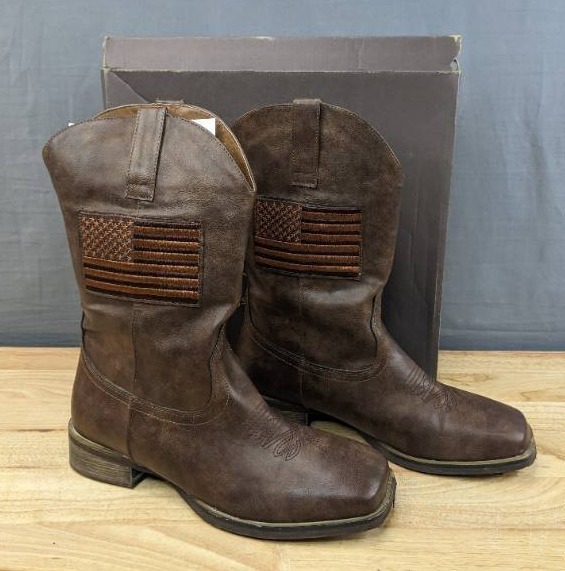 lot 2C image: Authentic Js.o.L.e Cowboy Boots for Men Square Toe Western Boots Mens Size 1010.5 USA Flag Embroidered Mid Calf Brown L