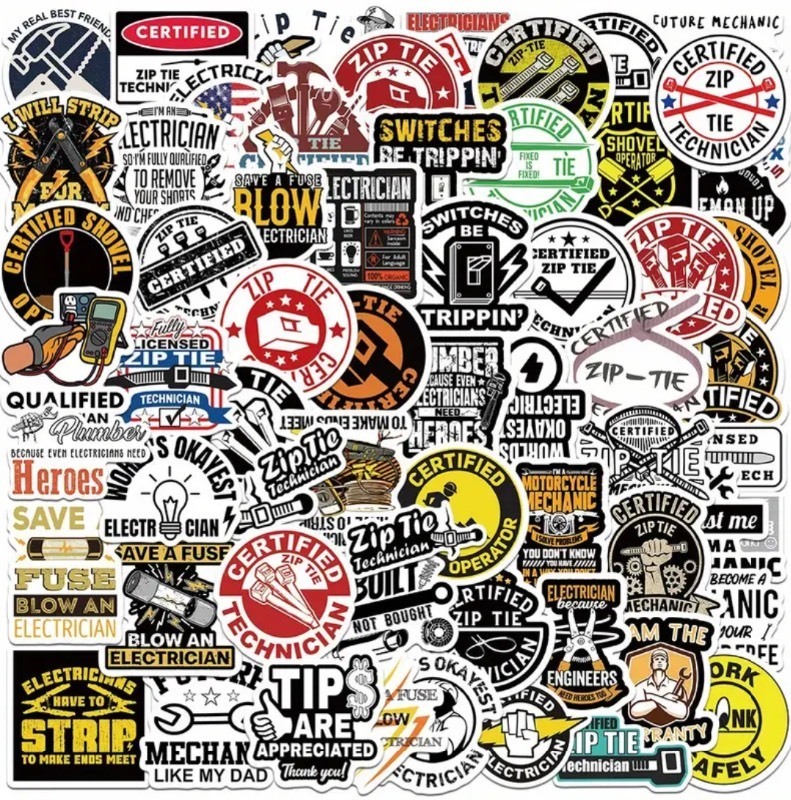 lot 59A image: 65 New Mechanical Electric Funny Technician Stickers N