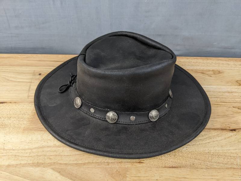 lot 98 image: Minnetonka Western Hat with Buffalo Nickel Accents - Black Leather Unisex Medium N