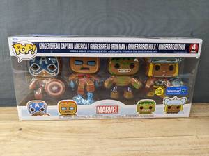 lot 23A image: Brand New 4 Pack Funko Pop Gingerbread Captain America, Gingerbread Iron Man, Gingerbread Hulk and Gingerbread Thor Figures V