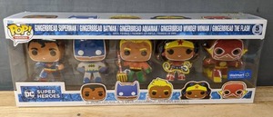 lot 19D image: Brand New 5 Pack Funko Pop Gingerbread Superman, Gingerbread Batman, Gingerbread Aquaman, Gingerbread Wonder Woman and Gingerbread The Flash Figures V