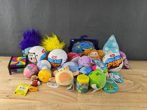 lot 100 image: Brand New 21 Total Toy Items Including Small Stuffed Keychains, Anime Pop Casule, Stretch Noodles and More W