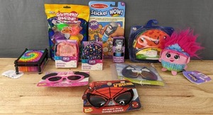 lot 187 image: Brand New Lot of Childrens Toys Spiderman, Bluey and Minnie Mouse Sunglasses, 3D Pin Art, Mini Backpacks, Trolls Poppy Plush, Spaghetti Taco, Melissa & Doug Sticker Wow, Gummy Globs W