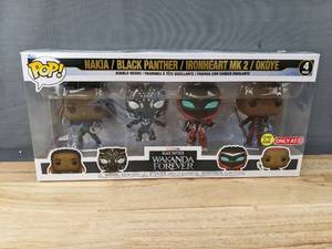 lot 21A image: Brand New 4 Pack Funko Pop Marvel Studios Black Panther Wakanda Forever Nakia, Black Panther, Ironheart MK 2 and Okoye V