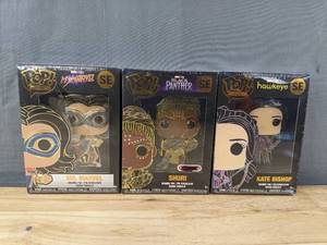 lot 159F image: 3 Brand New Funko Pop Pins SE Marvel Studios Ms. Marvel, Hawkeye Kate Bishop and Black Pather Shuri V