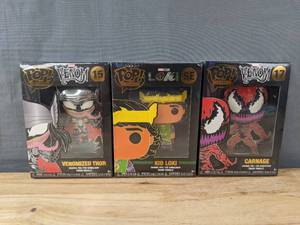 lot 160F image: 3 Brand New Funko Pop Pins Marvel Studios Venomized Thor #15, Kid Loki SE and Carnage #17 V