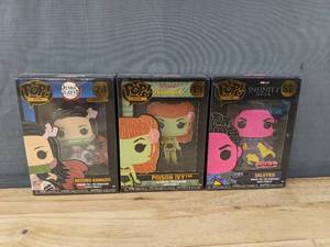 lot 161F image: 3 Brand New Funko Pop Pins Demon Slayer Nezuko Kamado #24, DC Comics Bombshells Poison Ivy #13 and Marvel Studios The Infinity Saga Valkyrie SE V