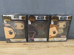 lot 151F image: 3 Brand New Funko Pop Pins SE Star Wars Obi Wan Kenobi, Karre and Fennec Shand V