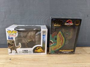 lot 155F image: Brand New Funko Pop Movies Jurassic World T.Rex #1211 Figure and Jurassic Park Dilophosaurus Pin SE V