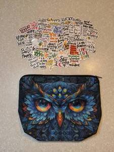 lot 427 image: 50 Total Brand New Positive Uplifting Stickers Owl Printed Zippered Pouch P