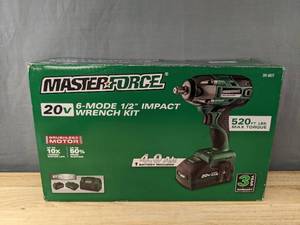 lot 22 image: Brand New Masterforce 20-Volt Brushless Cordless 12 Impact Wrench Kit $219.99 Retail I