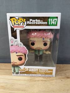 lot 213F image: Brand New Funko Pop TV Parks and Recreation Andy as Princess Rainbow Sparkle #1147 Figure V