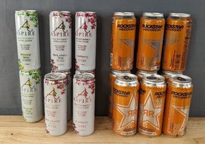 lot 204 image: 9 New Cans of Rockstar Recovery Orangeade and 8 New Aspire Variety Cans - 17 Total N