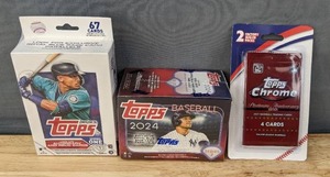lot 37L image: Brand New 2023 Topps Baseball MLB Series 1 Trading Card Hanger Box, 2024 Topps Baseball MLB Series 2 Trading Card Blaster Box and 2021 Topps Chrome Baseball MLB Platinum Anniversary Edition Blister Pack I