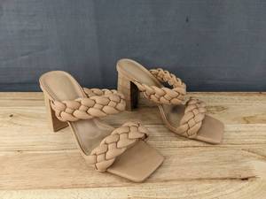lot 157 image: Syktkmx Womens Braided Heeled Sandals Backless Square Open Toe Khaki Size 8 L