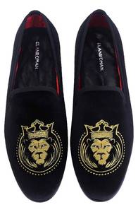 lot 88 image: ELANROMAN Loafers Slip-On Dress Shoes Mens Size 12 Black Velvet Embroidered Lion with Crown L