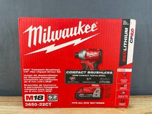 lot 30B image: Brand New Milwaukee 3650-22CT M18 18V Lithium-Ion Brushless Cordless 14 in. Impact Driver Kit with Two 2.0 Ah Batteries and Charger $199 Retail O