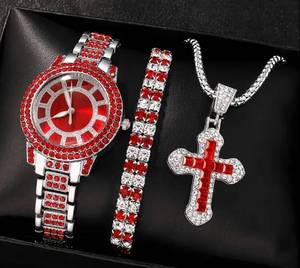 lot 69B image: Brand New Mens Quartz Watch 3 Piece Set with Rhinestone Dial with Cross Necklace and Bracelet N