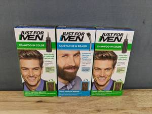 lot 40G image: 2 Brand New Just For Men Light Medium Brown Shampoo-In Color Kits and 1 Mustache & Beard Kit L