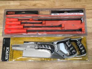 lot 60 image: 5 Piece Mechanics Pry Bar Set and 3 Piece Saw Kit