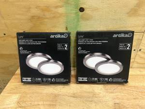 lot 94 image: ARTIKA Lot of 2 Packs of- Lumo 8 in. 1-Light Modern Brushed Nickel Integrated LED Flush Mount Ceiling Light Fixture for Kitchen or Bedroom (2 lights per pack)